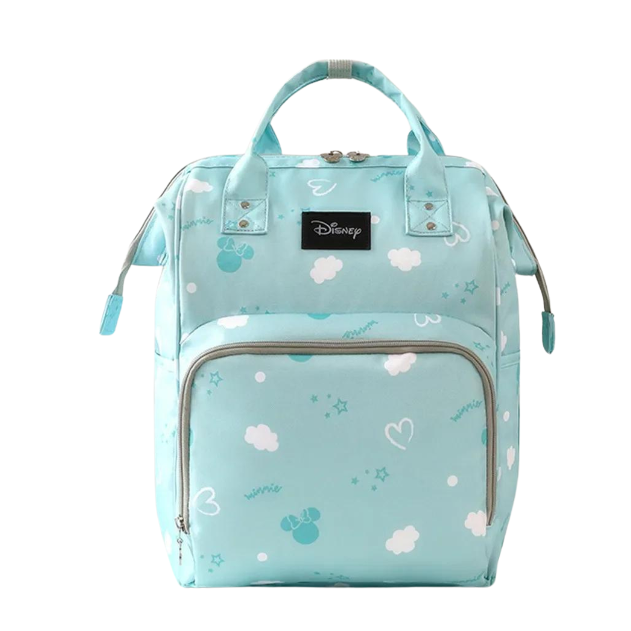 A light blue Disney-themed backpack with cloud and heart patterns.