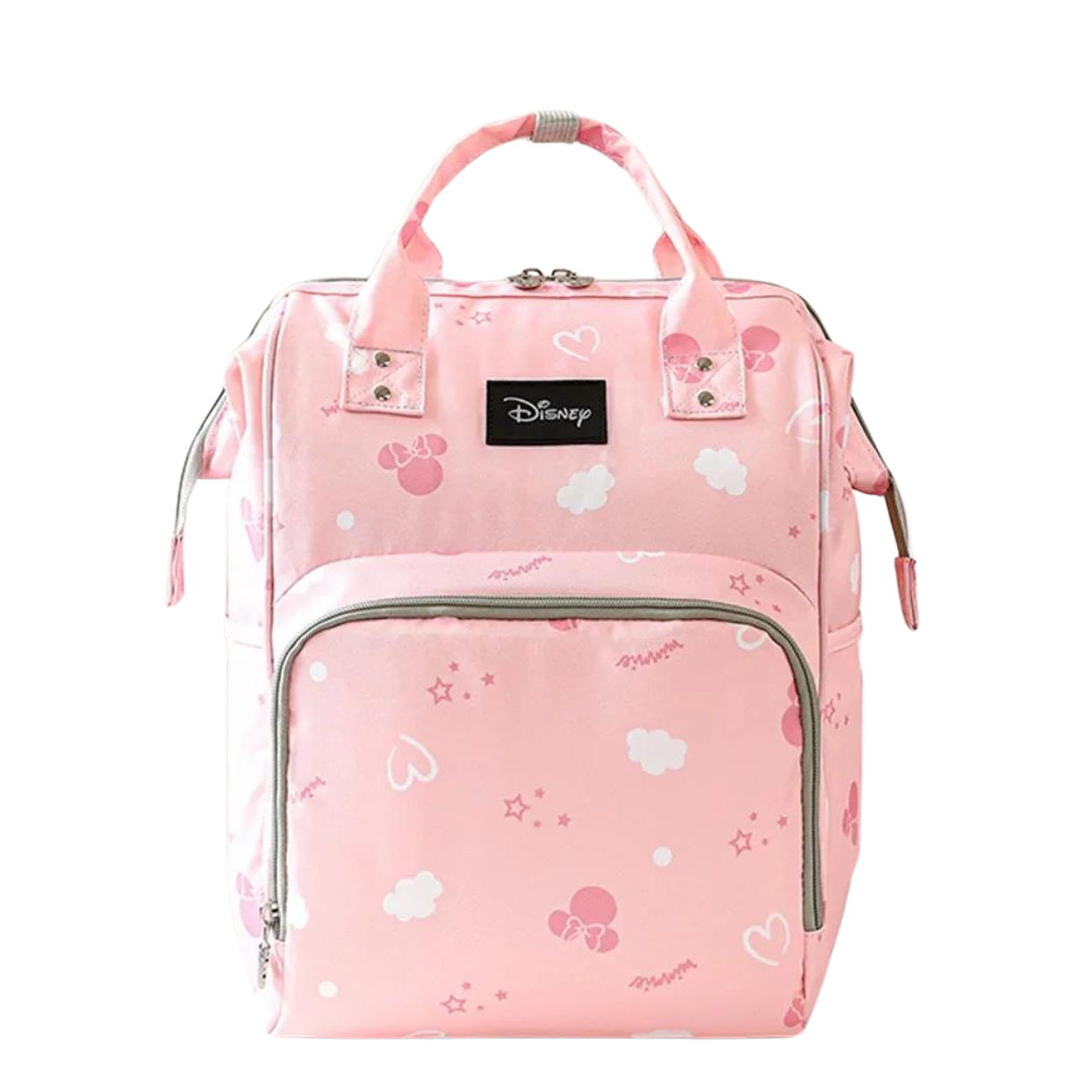 Pink Disney-themed backpack with pattern of clouds, hearts, and Mickey Mouse icons.
