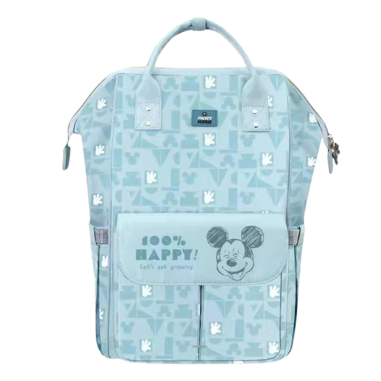 Light blue backpack with Mickey Mouse pattern and 100% HAPPY text.