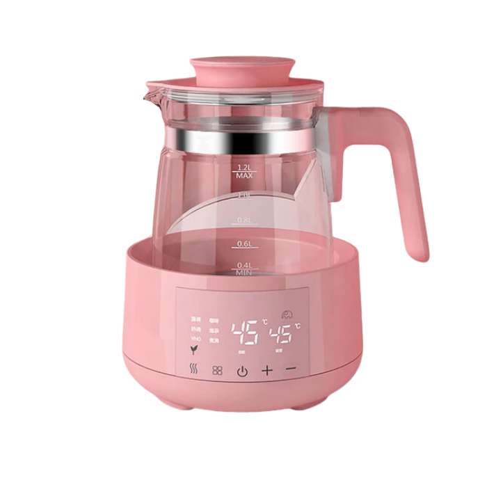 A pink electric kettle with a digital temperature display.