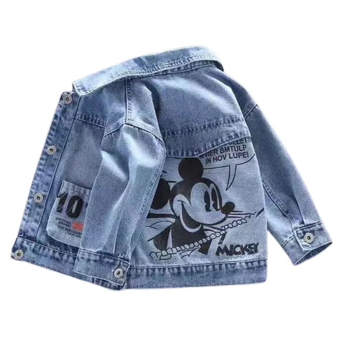 Mickey Mouse Printed Toddler Blue Denim Jacket Showcasing Back Design In A White Background