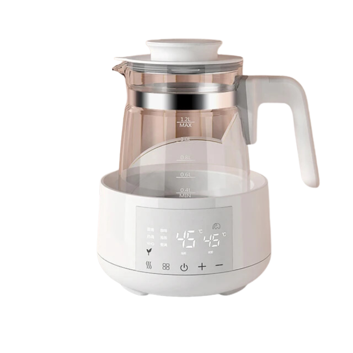 Modern electric milk maker with digital temperature display on a white background.