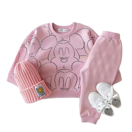 Pink mickey mouse printed tracksuit set with long sleeve pullover shirt, pink solid color pants, pink beanie with white shoes in a white background
