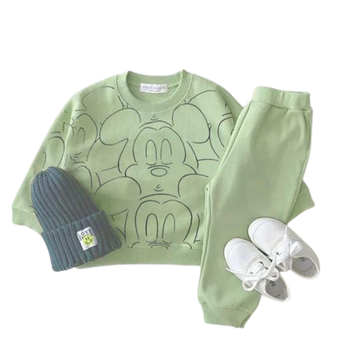 Green mickey mouse printed tracksuit set with long sleeve pullover shirt, green solid color pants, green beanie with white shoes in a white background