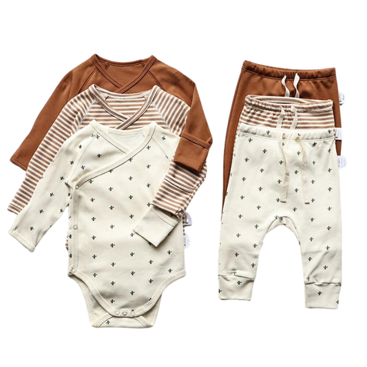 Three set of brown, striped, and cactus printed long sleeve baby bodysuits and pants in a white background