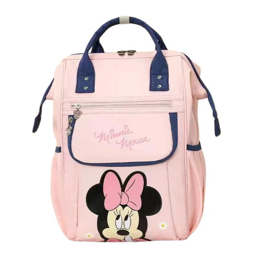 A pink Minnie Mouse backpack with blue accents and multiple pockets.