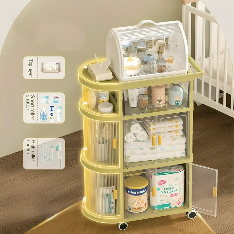 Green 4 Layer Baby Storage Rack Folding Trolley In A Nursery Room With Text Labels For Features
