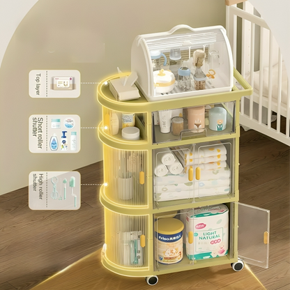 Green 4 Layer Baby Storage Rack Folding Trolley In A Nursery Room With Text Labels For Features