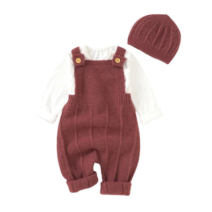 Rose Red Baby Knitted Romper with Hat in a white background