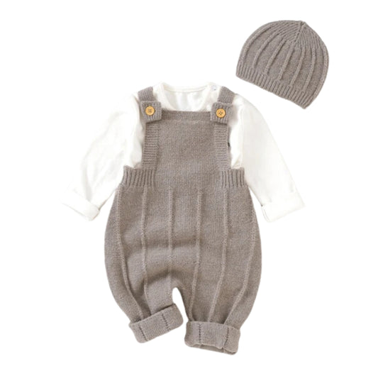 Dark Khaki Baby Knitted Romper with Hat in a white background