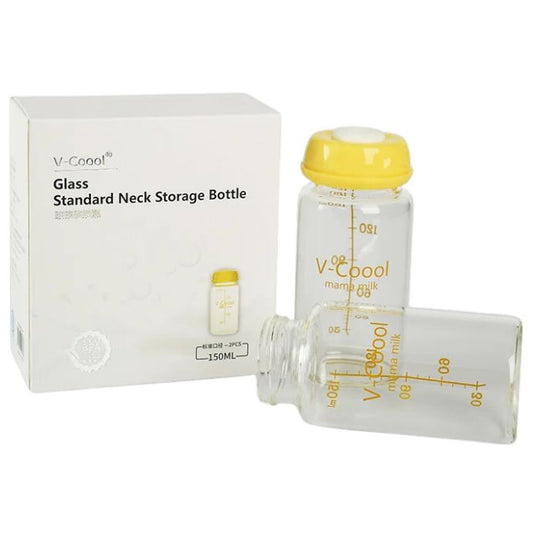 A box labeled V-Coool Glass Standard Neck Storage Bottle with two glass bottles, one upright and one tipped over.