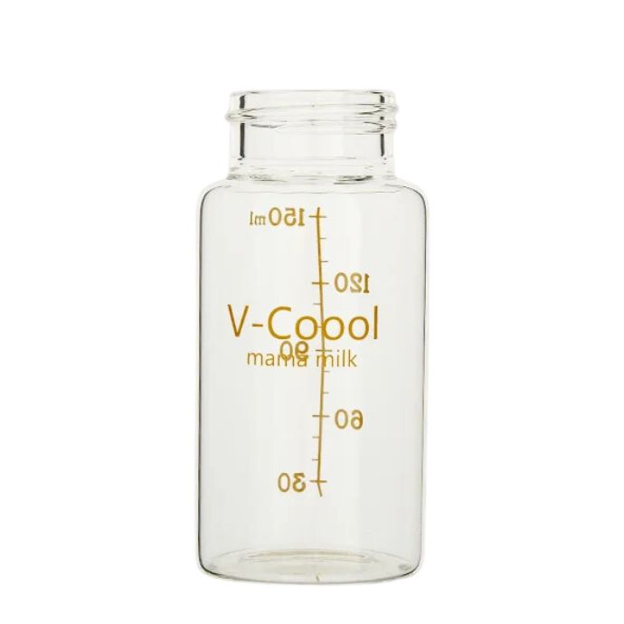 Hand opening a yellow cap of a labeled transparent V-Coool milk storage bottle.