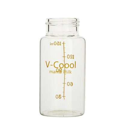 Hand opening a yellow cap of a labeled transparent V-Coool milk storage bottle.