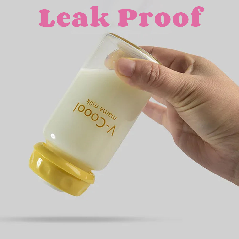 Hand holding an upside-down leak-proof baby bottle with milk, cap intact. Text Leak Proof above.