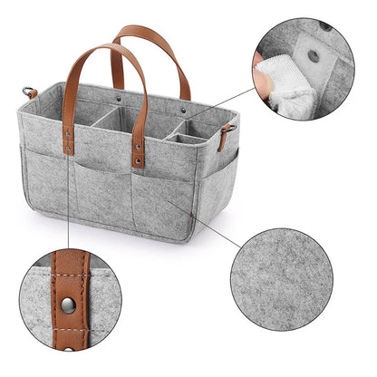 Gray Baby Felt Organizer Bag With Three Close-Up Photo Of The Handle, Fabric, And Velcro Strap In A White Background