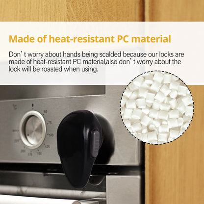 Black Oven & Door Safety Lock with text highlighting Made of heat resistant PC material