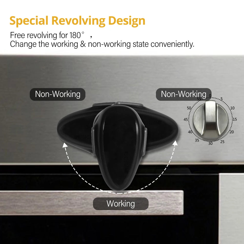 Black Oven & Door Safety Lock affixed to an oven with the text special revolving design above and highlighting its features