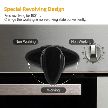 Black Oven & Door Safety Lock affixed to an oven with the text special revolving design above and highlighting its features
