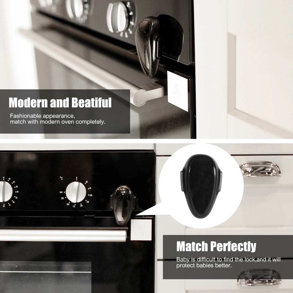 Black Oven & Door Safety Lock affixed to an oven featuring different angle and features