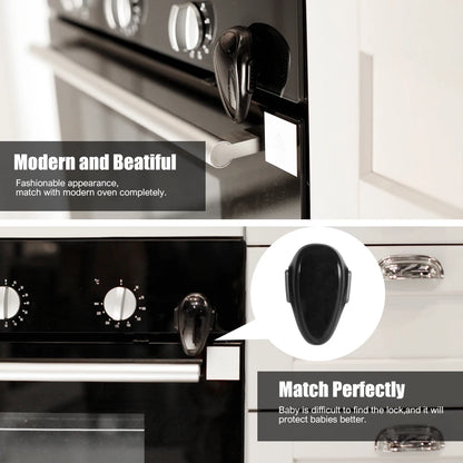Black Oven & Door Safety Lock affixed to an oven featuring different angle and features