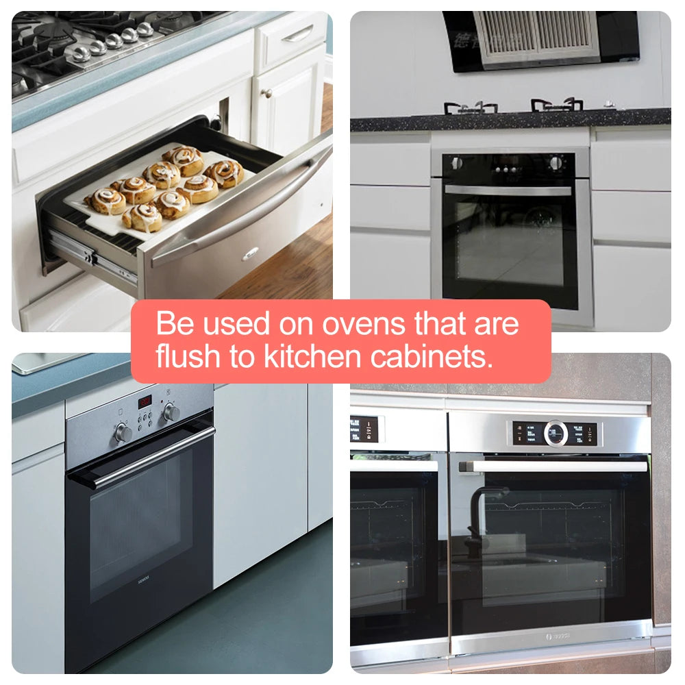 A collage picture of ovens that are flushed to kitchen cabinets