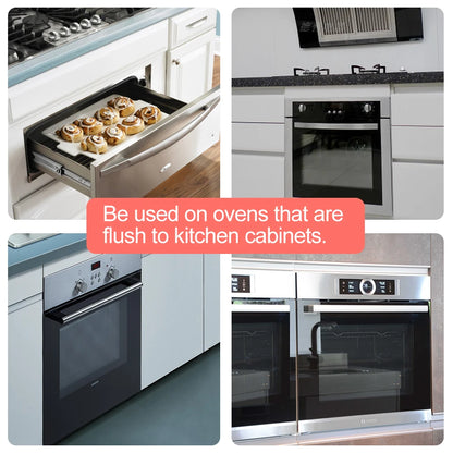 A collage picture of ovens that are flushed to kitchen cabinets