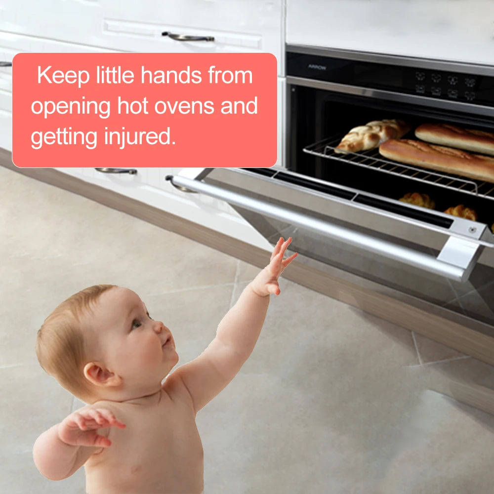 a baby trying to reach an open oven with a text keep little hands from opening hot ovens and getting injured