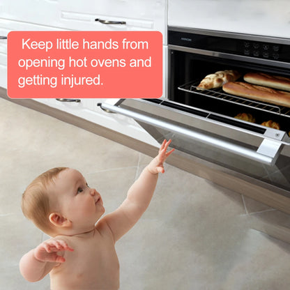 a baby trying to reach an open oven with a text keep little hands from opening hot ovens and getting injured