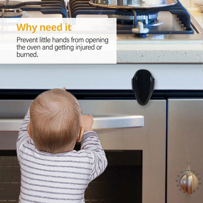 A baby trying to open an oven with an Oven & Door Safety Lock