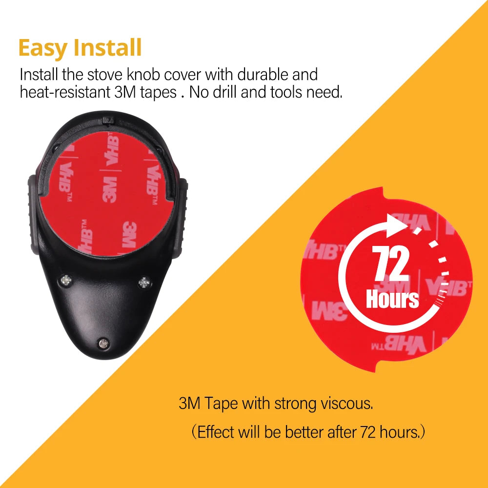 An showing the backside of oven door lock with 3M tape and a text highlighting easy installation features