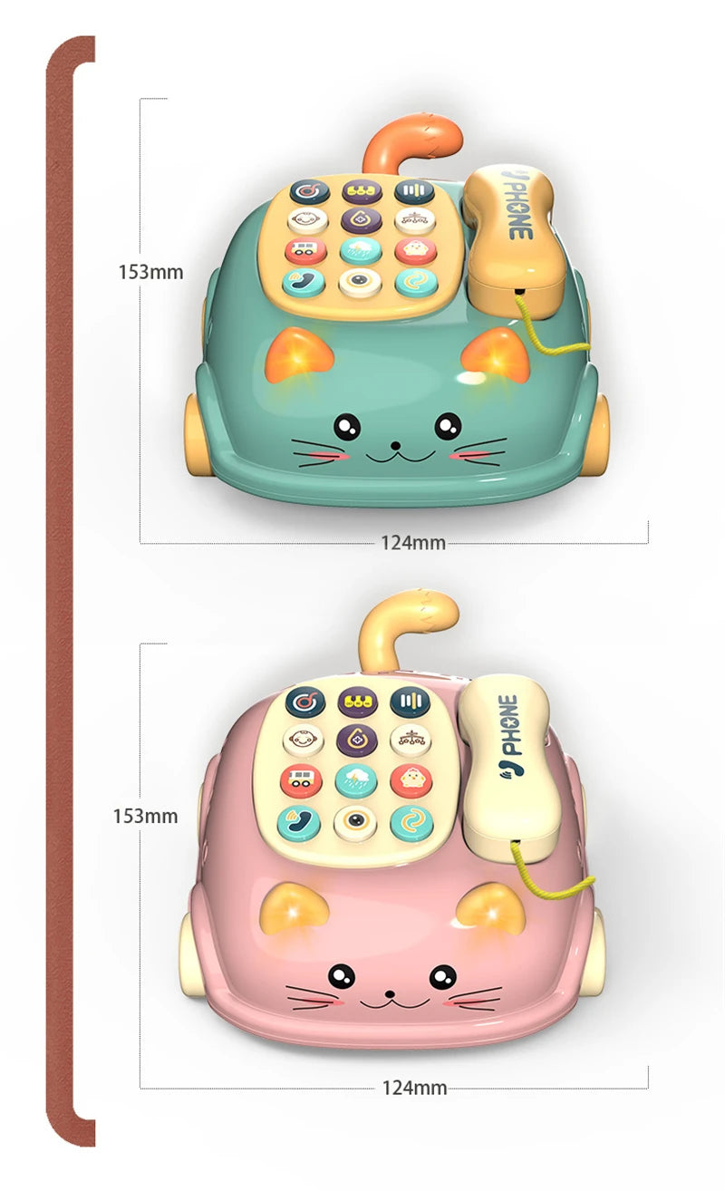 Two cat-shaped toy phones, one green and one pink, with dimensions marked.