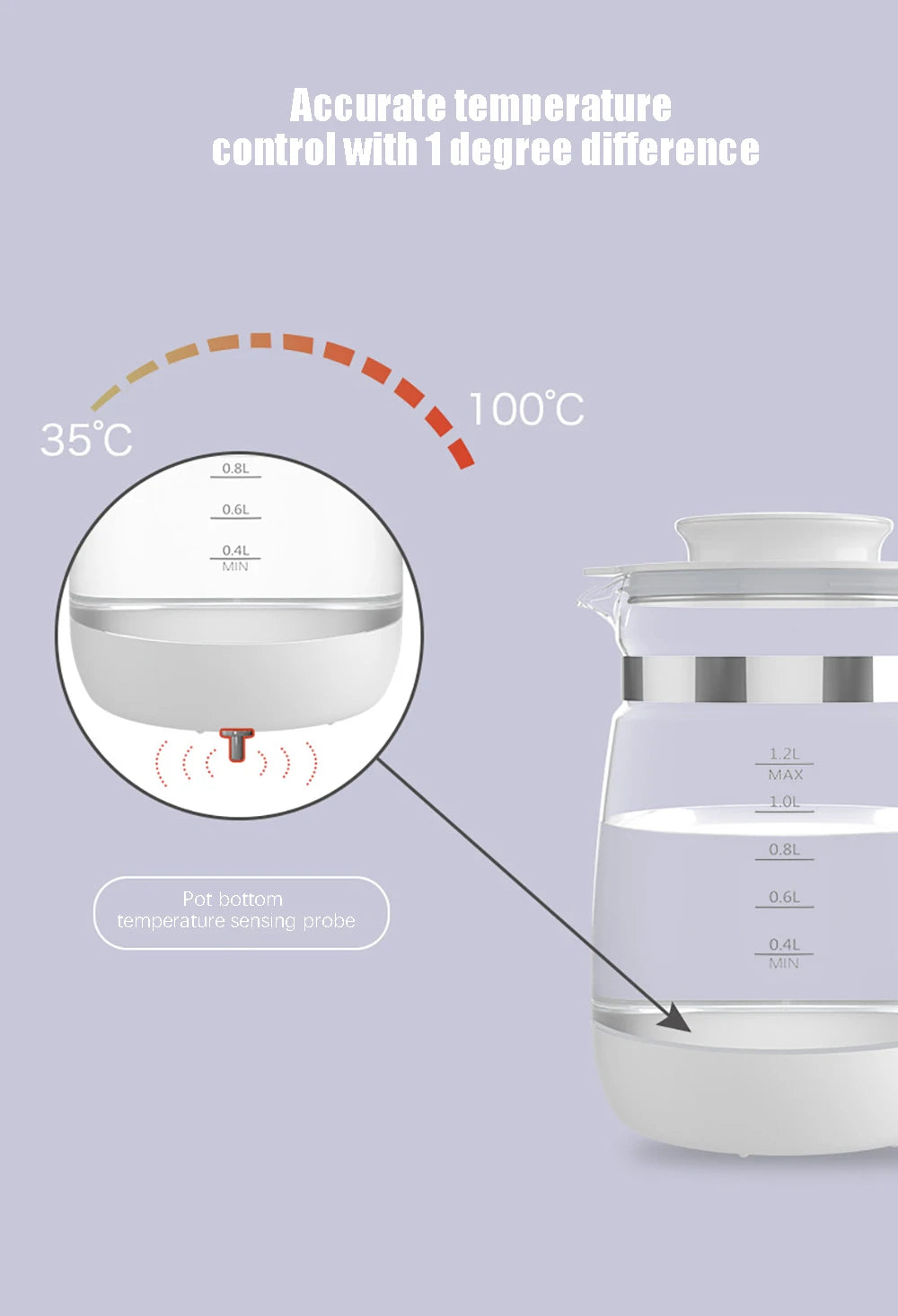 Electric kettle with temperature indicator and a focus on the bottom temperature sensing probe.