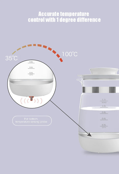 Electric kettle with temperature indicator and a focus on the bottom temperature sensing probe.