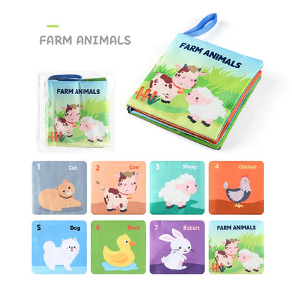 Children's fabric book titled FARM ANIMALS with pages showing illustrated cat, cow, sheep, chicken, dog, duck, and rabbit.