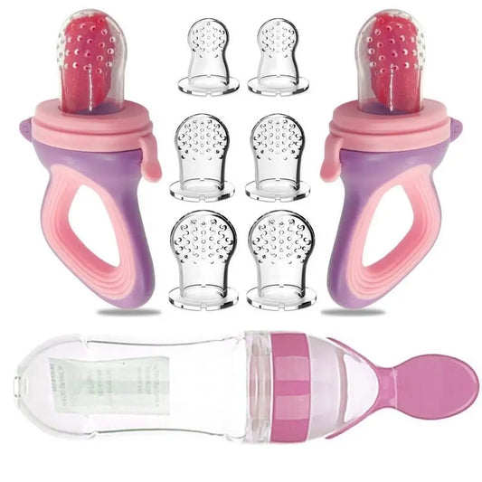Baby fruit pacifiers and silicone teething feeder with interchangeable nipples.
