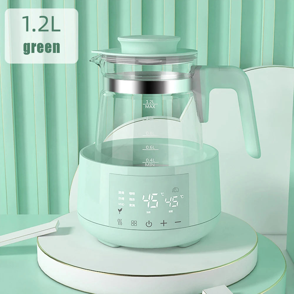 A modern 1.2L green electric tea kettle with a digital temperature display, placed on a kitchen counter.