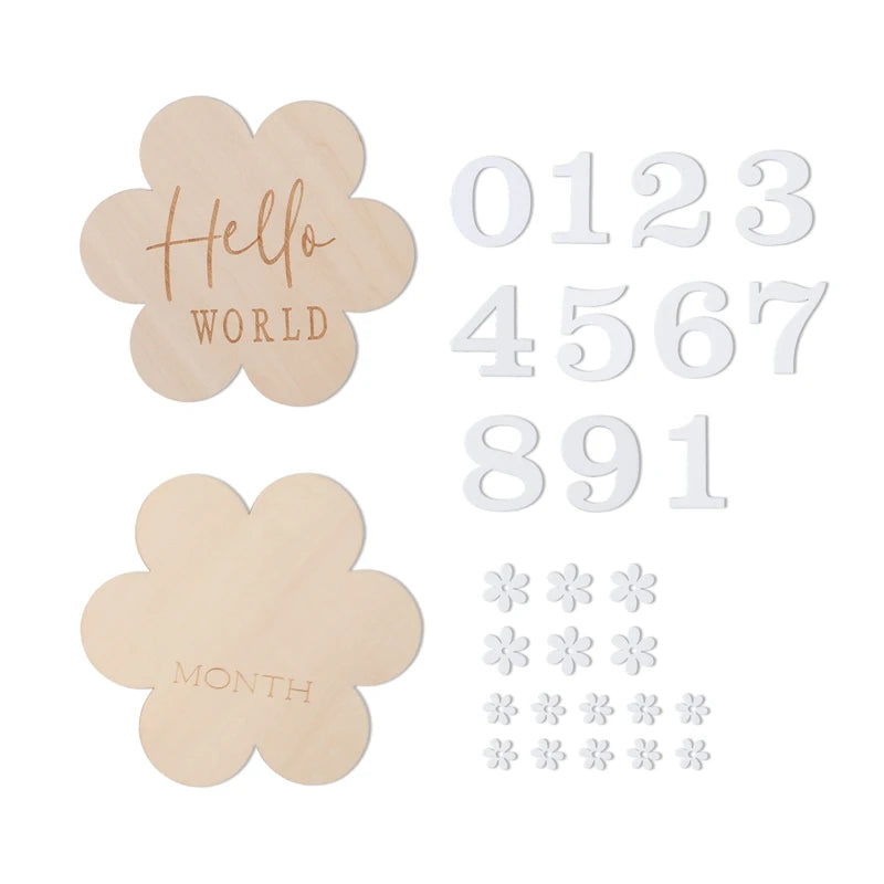 A flower shaped wooden milestone card set in a white background
