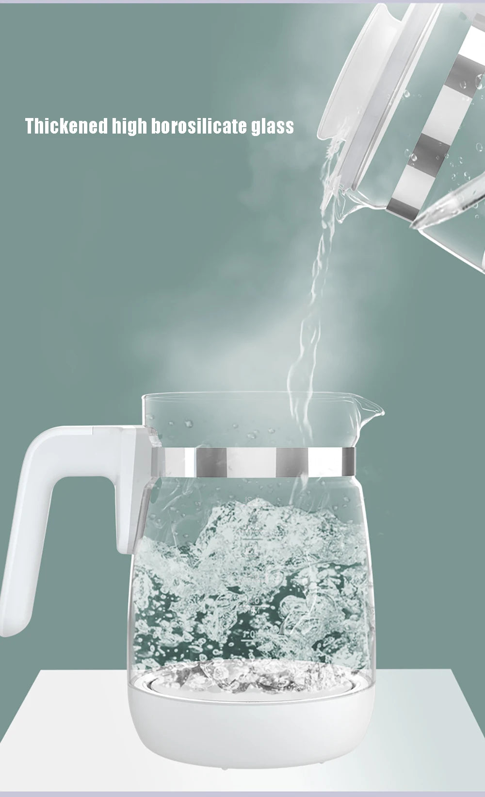 Glass kettle with water being poured in, bubbling, with the text Thickened high borosilicate glass.