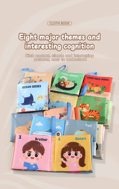 Collection of colorful cloth books with various educational themes for children.