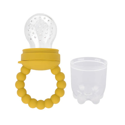 Yellow baby teether with silicone beads and white bulb attached to a clear cup.