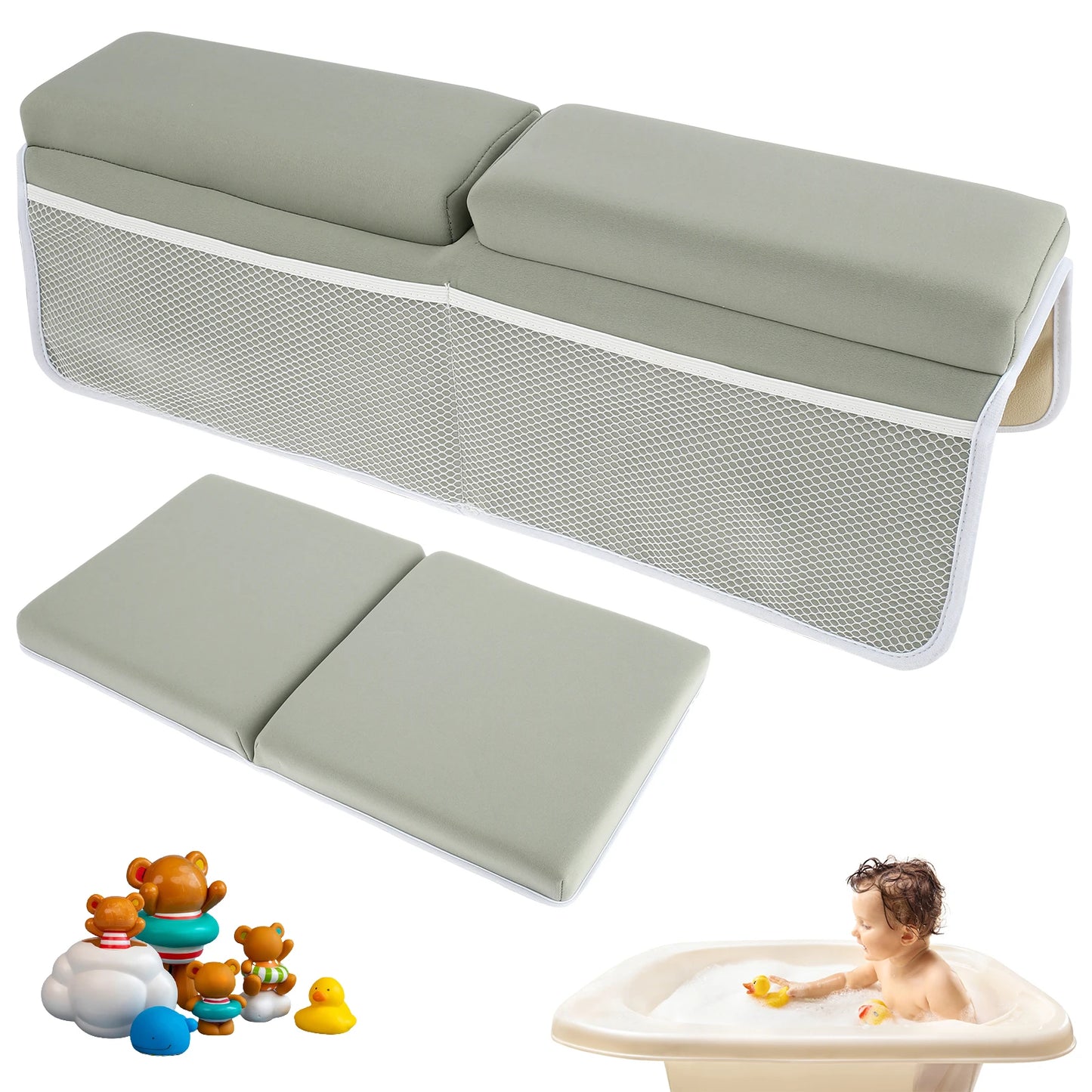 Modern gray foldable baby changing pad with raised edges and toy animals displayed beside it.