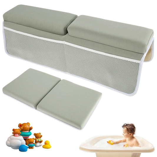 Modern gray foldable baby changing pad with raised edges and toy animals displayed beside it.