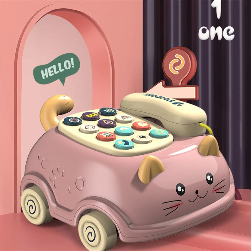 An illustrated pink cat-shaped phone with colorful buttons and a HELLO! speech bubble.