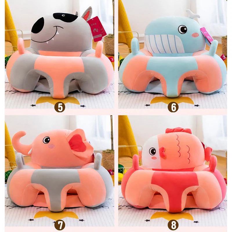 Collage Photo Of Four Baby Sofa Plush Chair Cover With Husky, Whale, Elephant, And Fish Design In A Living Room Background