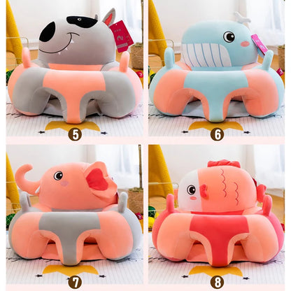 Collage Photo Of Four Baby Sofa Plush Chair Cover With Husky, Whale, Elephant, And Fish Design In A Living Room Background