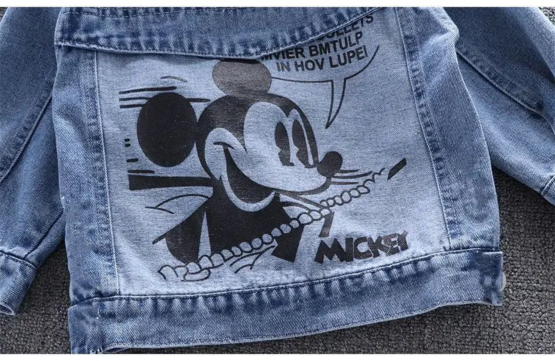 A Close Up Picture Of Mickey Mouse Toddler Blue Denim Jacket's Mickey Mouse Back Print