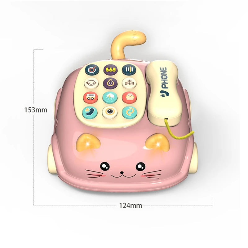 A pink cat-shaped toy telephone with colorful buttons and dimensions labeled (153mm x 124mm).