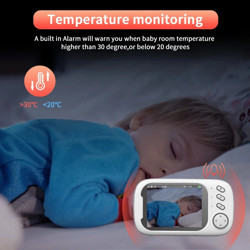 A sleeping baby in bed accompanied by a Wireless Baby Security Camera with a temperature monitor 