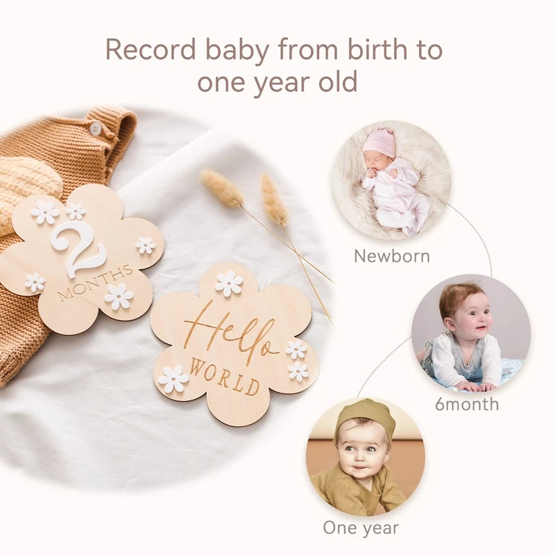 A collage of flower shaped wooden milestone card displaying Hello World alongside another card displaying 2 months, and pictures of babies of different ages