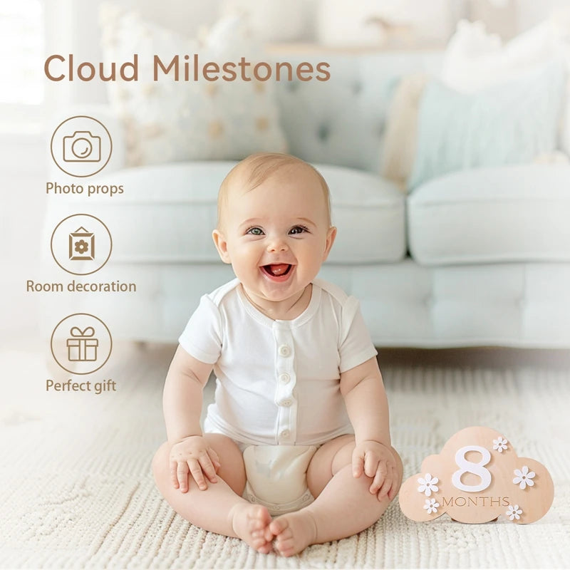 A picture of baby smiling alongside a milestone card displaying 7 months and text highlighting what's the card used for